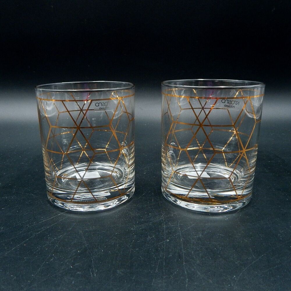 Crate & Barrel Jaxson Old Fashioned Rocks Glassware by Krosno Poland Gold Glass